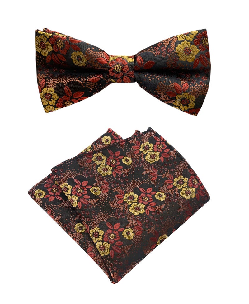 Secdtie Mens Dark Brown Silk Bow Tie Pocket Square Set Orange Red Petal Woven Paisley Party Cool Bowties Gifts - Image 1